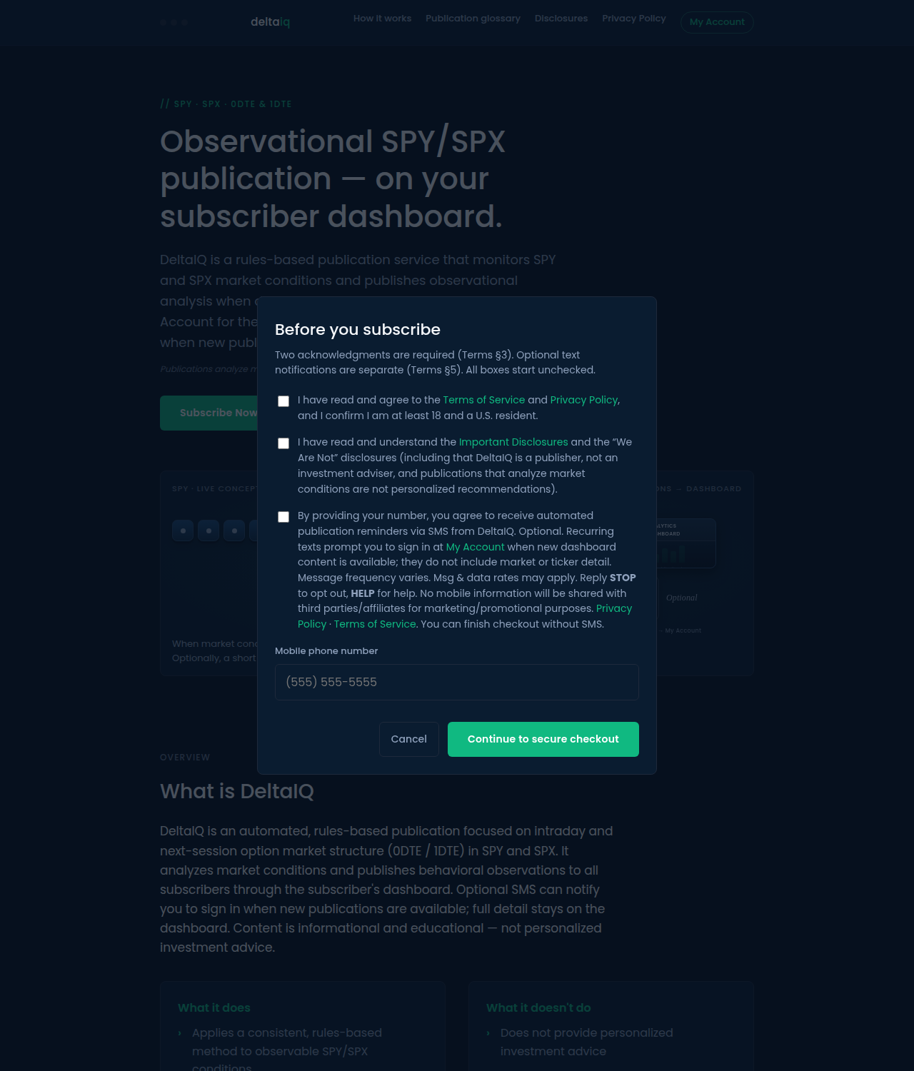 Screenshot: DeltaIQ consent modal with optional SMS language and mobile phone number field