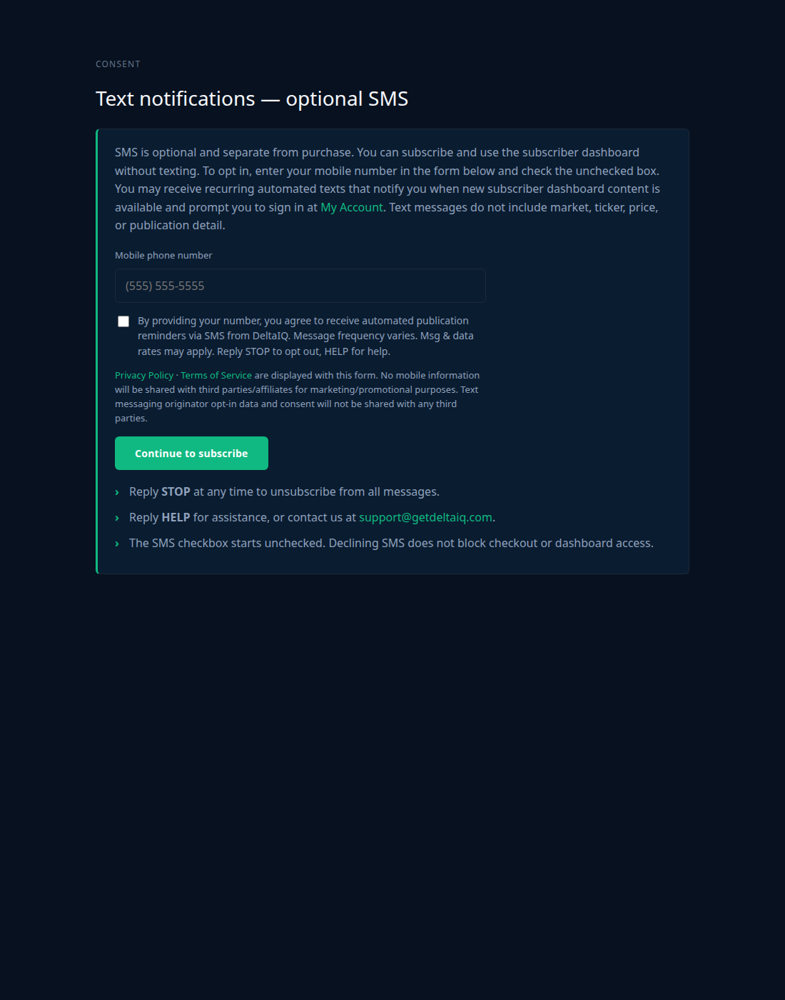 Screenshot: homepage Text notifications form with phone number field and unchecked SMS consent checkbox