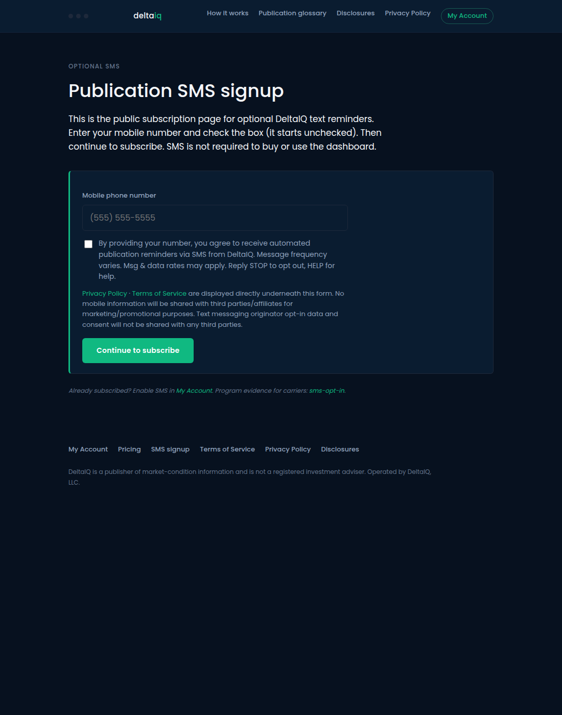 Screenshot: DeltaIQ SMS signup page with mobile phone number field, unchecked SMS consent checkbox, and Privacy Policy and Terms links under the form