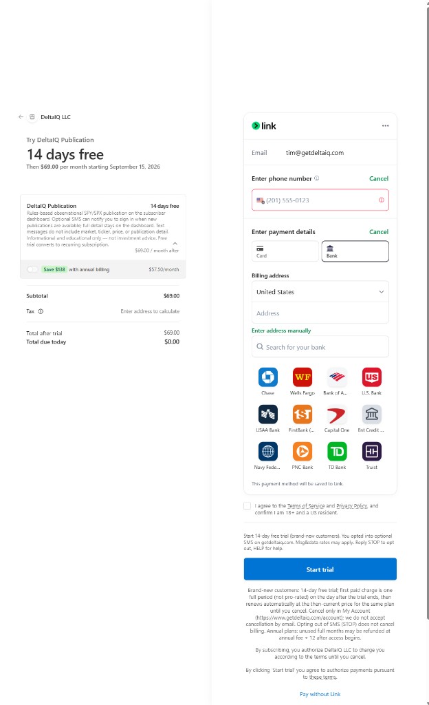 Screenshot: Stripe Checkout for DeltaIQ publication subscription